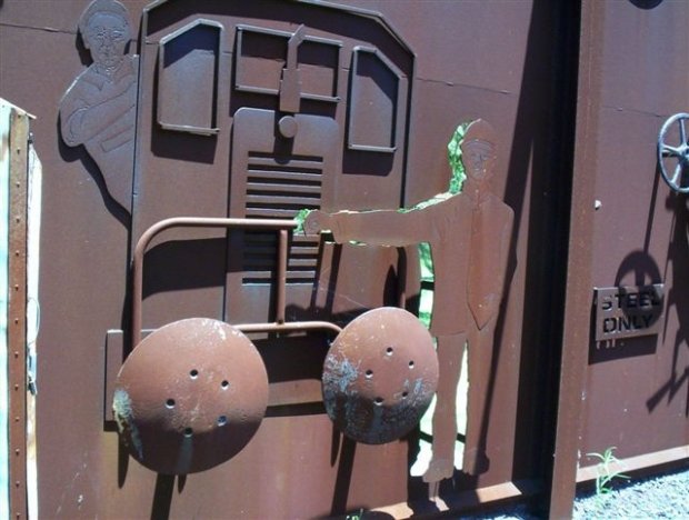 Inside the Muster Point, depicting the rail workers, and includes buffers from loco 47.