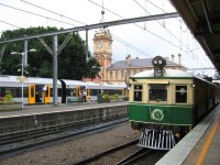 The Old and the New at Newcastle Station.  "Tin Hare” rail motor rides between Newcastle and Civic Stations on the day.
